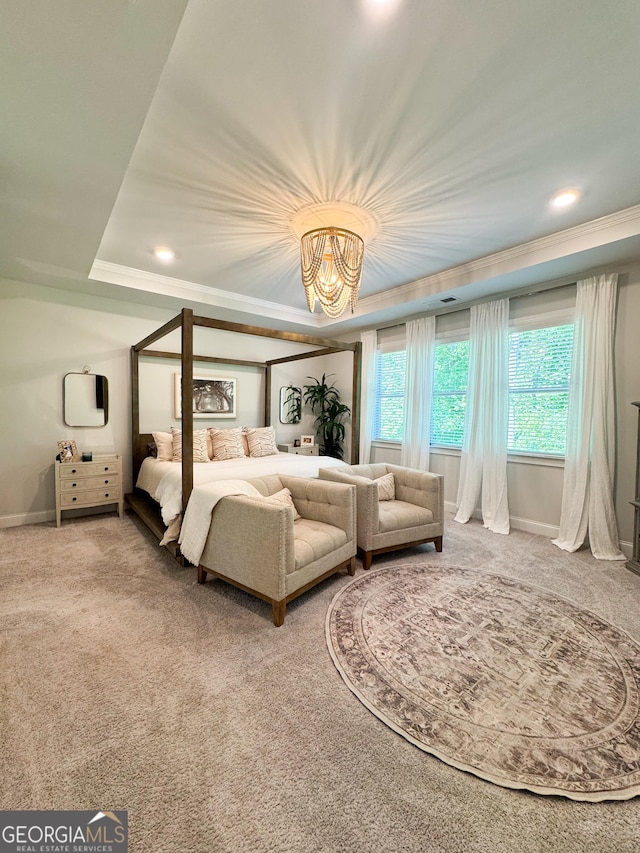 4736 Landing Water Path, Buford, GA 30519 - carpeted bedroom with a chandelier, baseboards, crown molding, and recessed lighting