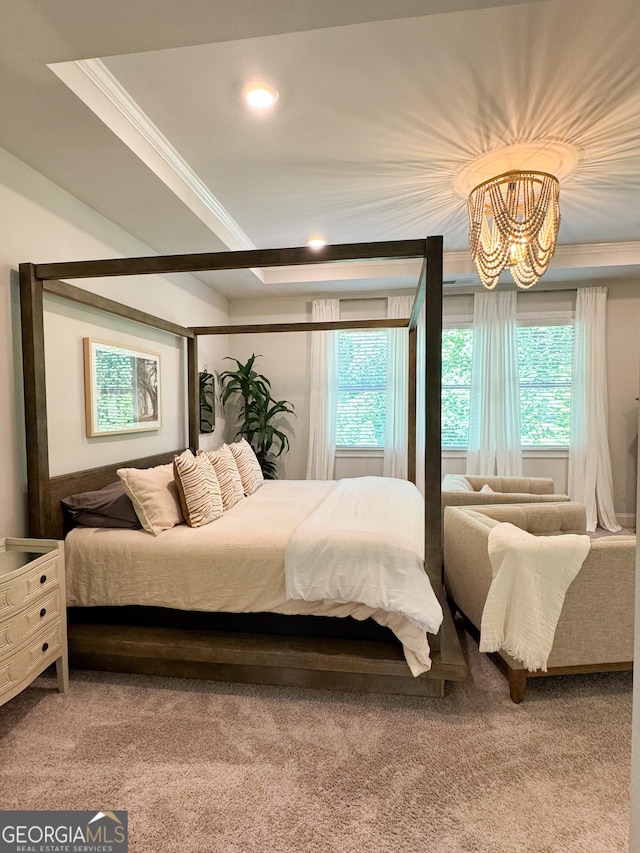 4736 Landing Water Path, Buford, GA 30519 - carpeted bedroom featuring a chandelier, ornamental molding, multiple windows, and recessed lighting