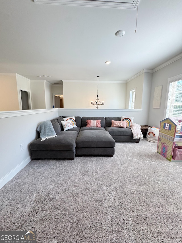 4736 Landing Water Path, Buford, GA 30519 - living room featuring crown molding, carpet flooring, baseboards, and attic access