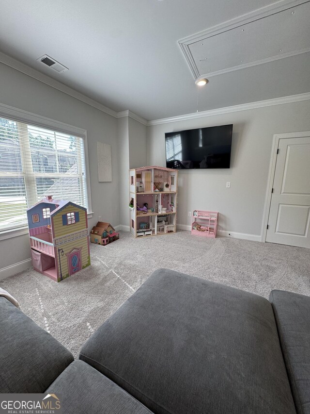 4736 Landing Water Path, Buford, GA 30519 - living area with attic access, ornamental molding, carpet, and baseboards