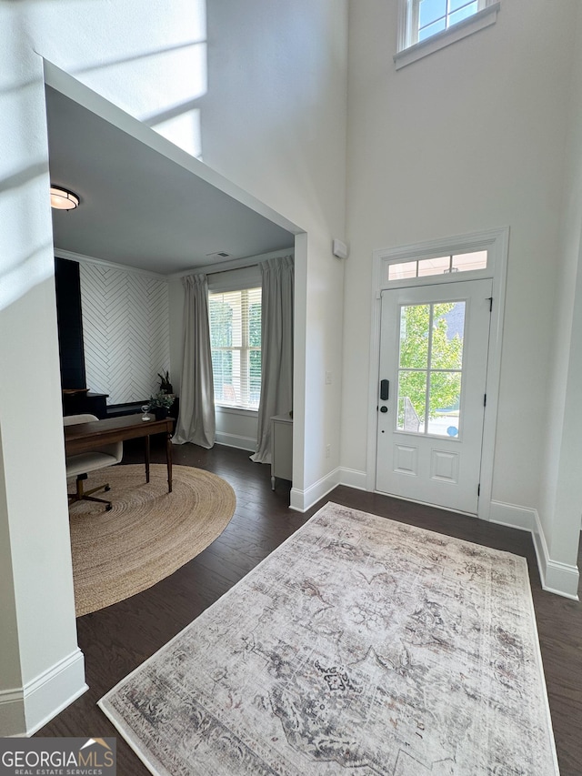 4736 Landing Water Path, Buford, GA 30519 - entryway with baseboards, a high ceiling, and dark wood finished floors