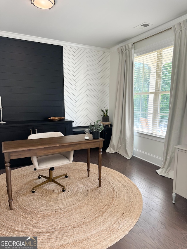 4736 Landing Water Path, Buford, GA 30519 - office featuring baseboards, dark wood-style flooring, and crown molding