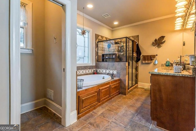 87 Marcus Ct, Ball Ground, GA 30107 - bathroom featuring vanity, a bath, a stall shower, ornamental molding, and a chandelier
