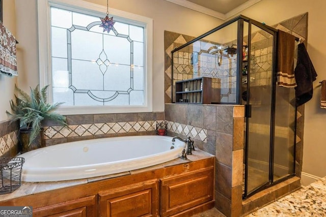 87 Marcus Ct, Ball Ground, GA 30107 - bathroom with a bath, a stall shower, and ornamental molding