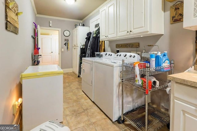 87 Marcus Ct, Ball Ground, GA 30107 - laundry area featuring washing machine and clothes dryer, ornamental molding, cabinet space, and light tile patterned flooring