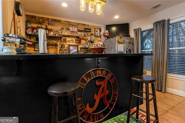 87 Marcus Ct, Ball Ground, GA 30107 - indoor wet bar featuring refrigerator, tile patterned flooring, recessed lighting, and a chandelier