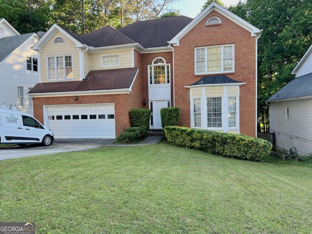 traditional-style home featuring brick siding, an attached garage, a front yard, concrete driveway, and roof with shingles