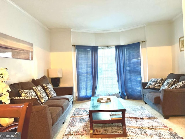 carpeted living room featuring ornamental molding
