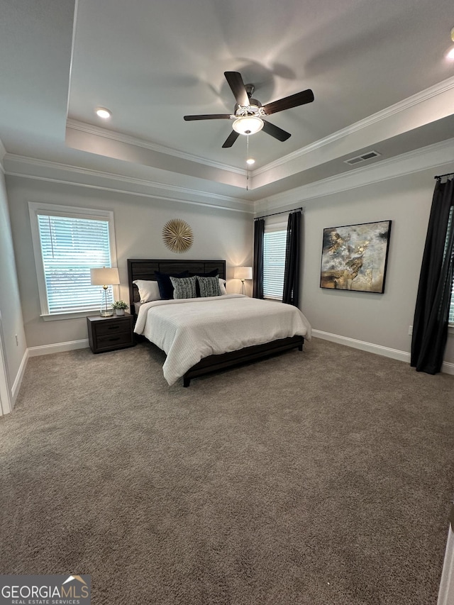 3006 Fairway Dr, Villa Rica, GA 30180 - bedroom with a raised ceiling, ornamental molding, carpet floors, and a ceiling fan