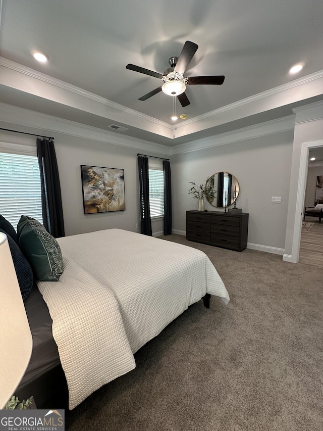 3006 Fairway Dr, Villa Rica, GA 30180 - bedroom with a tray ceiling, crown molding, carpet flooring, a ceiling fan, and recessed lighting