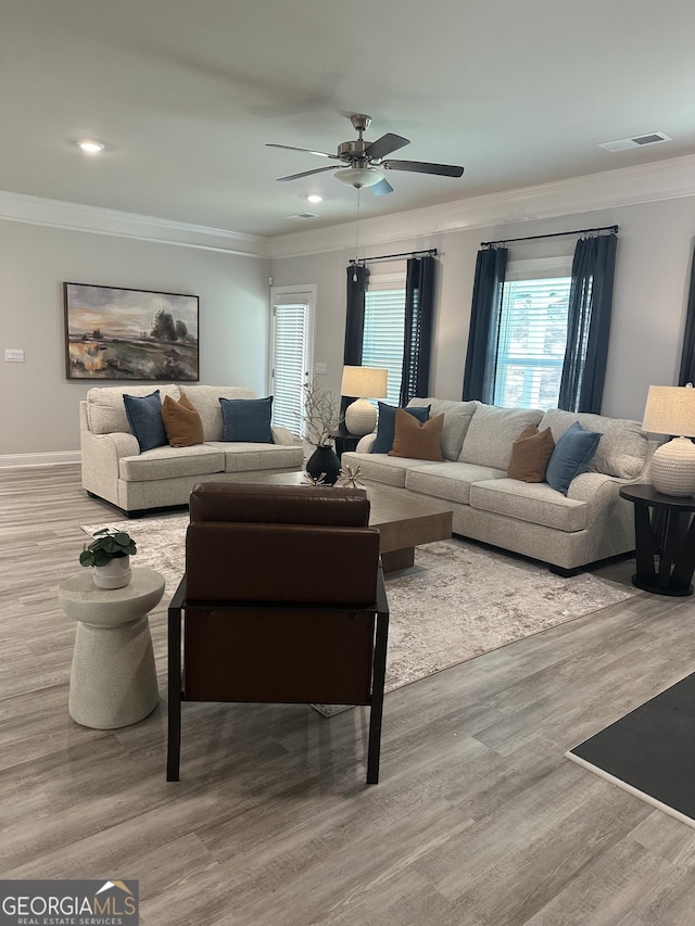 3006 Fairway Dr, Villa Rica, GA 30180 - living room with a ceiling fan, wood finished floors, crown molding, and recessed lighting