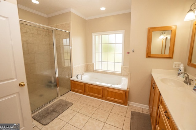 bathroom with a stall shower, tile patterned flooring, a bath, vanity, and crown molding