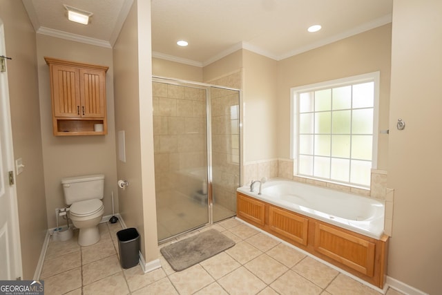 bathroom featuring a stall shower, toilet, a garden tub, tile patterned flooring, and recessed lighting
