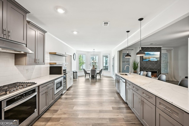 3991 Perry Pass, Lithonia, GA 30038 - kitchen featuring gray cabinets, appliances with stainless steel finishes, light wood-style flooring, under cabinet range hood, and light stone countertops