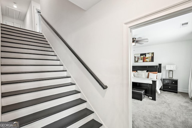 3991 Perry Pass, Lithonia, GA 30038 - stairway featuring carpet, a ceiling fan, attic access, and baseboards