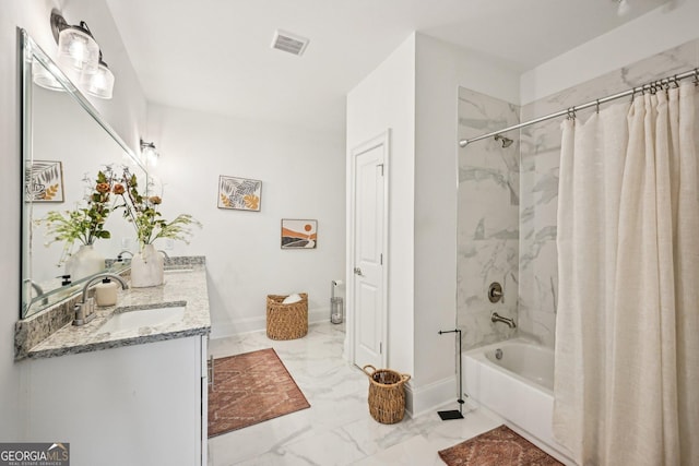 3991 Perry Pass, Lithonia, GA 30038 - full bathroom featuring marble look tiles, shower / tub combo with curtain, vanity, and baseboards