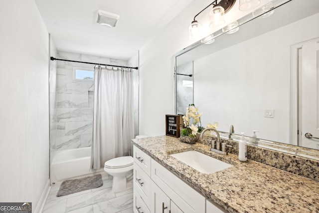3991 Perry Pass, Lithonia, GA 30038 - full bath featuring marble finish flooring, toilet, vanity, shower / bath combo with shower curtain, and baseboards
