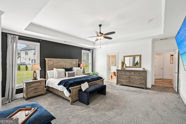 3991 Perry Pass, Lithonia, GA 30038 - bedroom with a raised ceiling, carpet, and ceiling fan