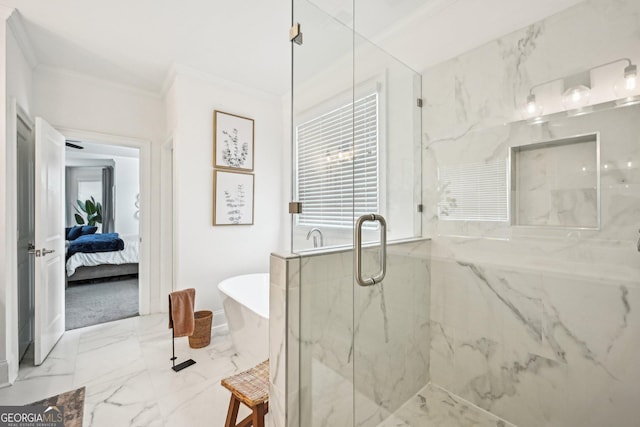 3991 Perry Pass, Lithonia, GA 30038 - ensuite bathroom featuring crown molding, a marble finish shower, a soaking tub, and marble finish floors