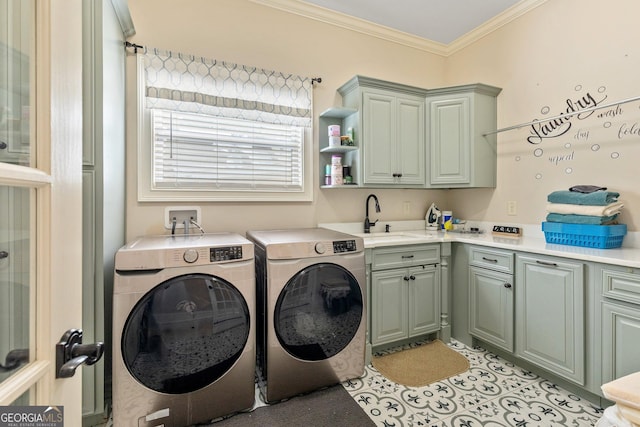 11 Main St, Newnan, GA 30263 - laundry room featuring cabinet space, independent washer and dryer, crown molding, and light tile patterned floors
