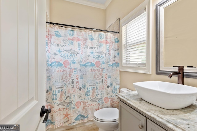 11 Main St, Newnan, GA 30263 - bathroom featuring vanity, toilet, ornamental molding, and a shower with shower curtain