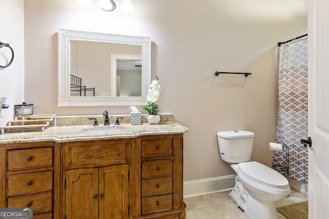 11 Main St, Newnan, GA 30263 - bathroom featuring toilet, tile patterned floors, vanity, baseboards, and curtained shower