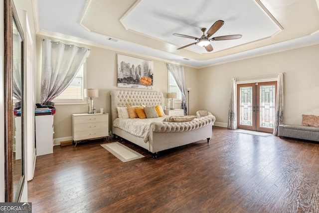 11 Main St, Newnan, GA 30263 - bedroom featuring a raised ceiling, french doors, access to exterior, crown molding, and dark wood-style floors