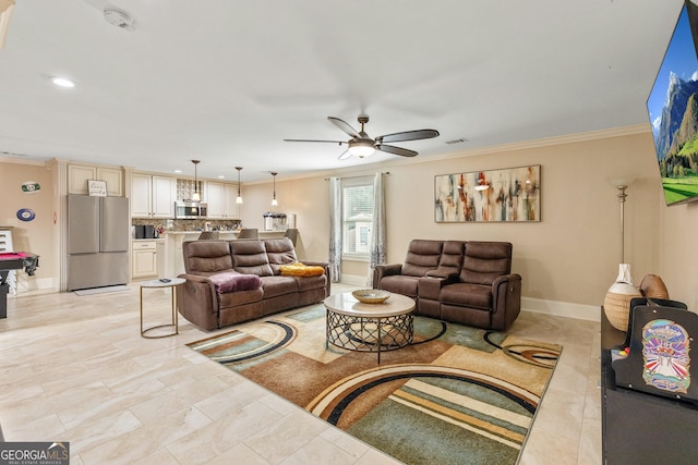 11 Main St, Newnan, GA 30263 - living area with ornamental molding, ceiling fan, baseboards, and recessed lighting