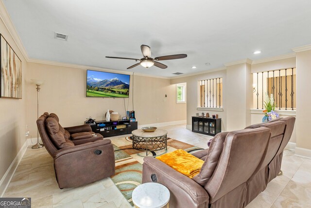 11 Main St, Newnan, GA 30263 - living area with ornamental molding, ceiling fan, baseboards, and recessed lighting