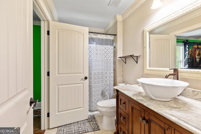 11 Main St, Newnan, GA 30263 - full bathroom featuring vanity, toilet, crown molding, and a shower with curtain