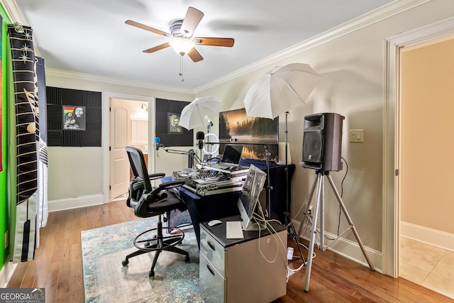 11 Main St, Newnan, GA 30263 - office space with hardwood / wood-style floors, baseboards, ceiling fan, and ornamental molding