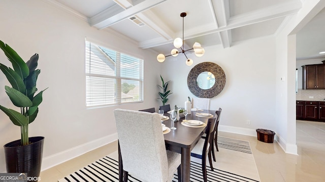 dining space featuring coffered ceiling, beam ceiling, a chandelier, baseboards, and ornamental molding
