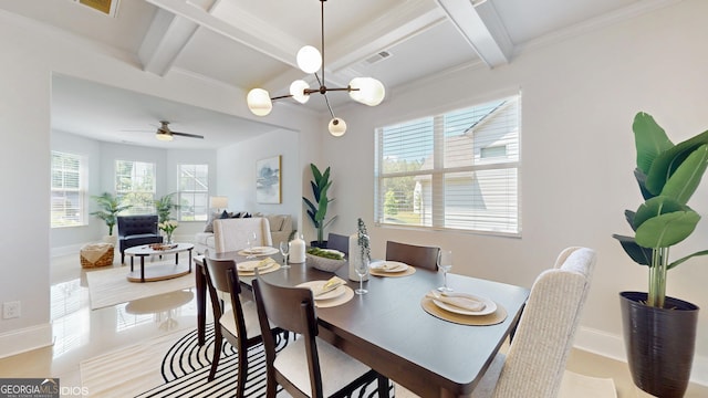 dining space featuring coffered ceiling, beam ceiling, baseboards, a ceiling fan, and ornamental molding