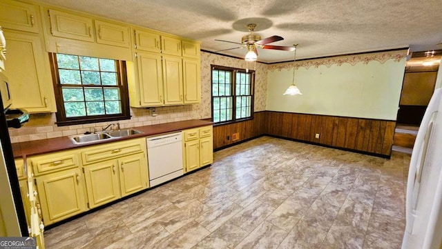 kitchen with white dishwasher, a sink, dark countertops, ceiling fan, and a wainscoted wall