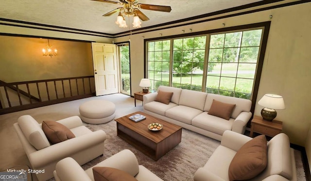living area with carpet flooring, ceiling fan, crown molding, a chandelier, and a textured ceiling