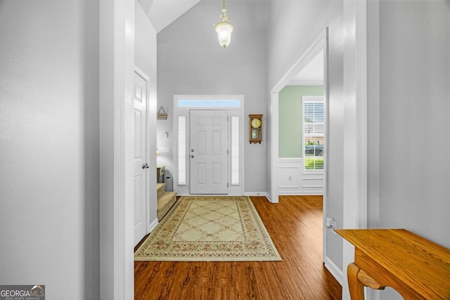 entrance foyer with wood finished floors and high vaulted ceiling