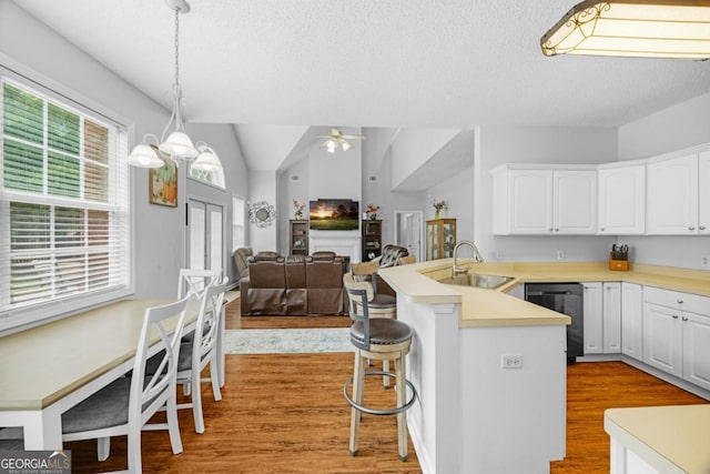 kitchen with a sink, dishwasher, a peninsula, light wood-style floors, and ceiling fan