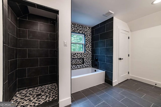 4 Bentley Trace Mnr, Atlanta, GA 30327 - bathroom with a garden tub, a tile shower, and tile patterned floors