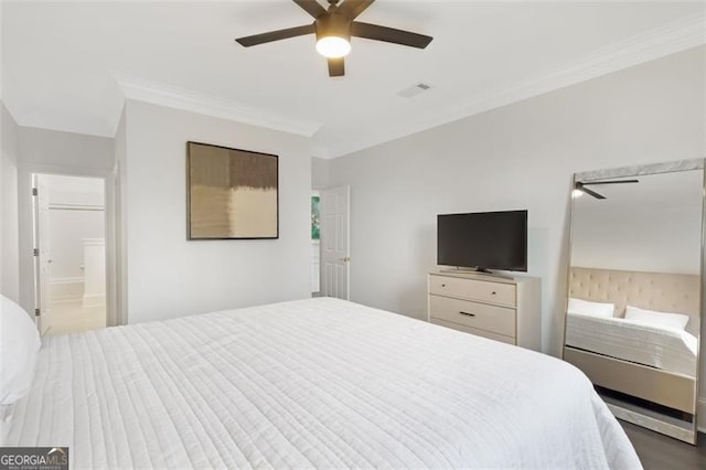 2499 Peachtree Rd NE Unit 503, Atlanta, GA 30305 - bedroom featuring crown molding, a ceiling fan, and connected bathroom