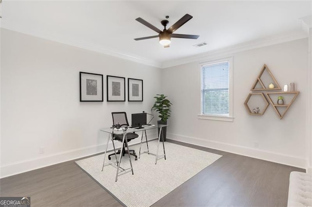 2499 Peachtree Rd NE Unit 503, Atlanta, GA 30305 - office area featuring ornamental molding, dark wood-style flooring, ceiling fan, and baseboards
