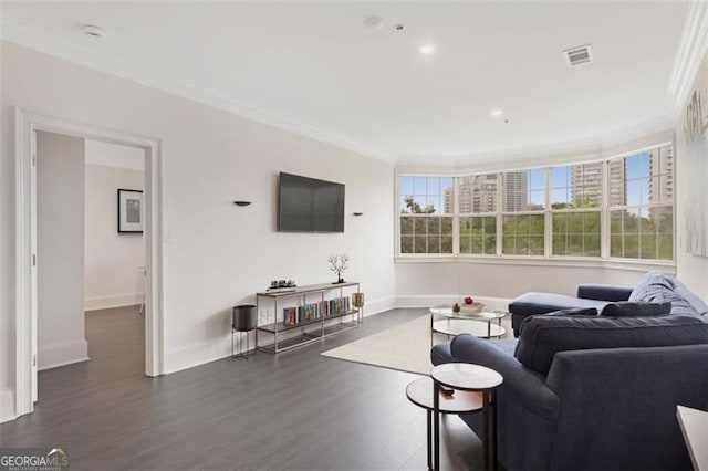 2499 Peachtree Rd NE Unit 503, Atlanta, GA 30305 - living area with ornamental molding, dark wood finished floors, baseboards, and recessed lighting