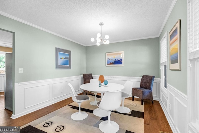 4027 Mount Vernon Dr, Woodstock, GA 30189 - dining room with wood finished floors, ornamental molding, a textured ceiling, wainscoting, and a chandelier