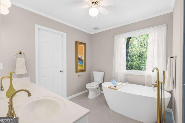 4027 Mount Vernon Dr, Woodstock, GA 30189 - full bathroom with a freestanding tub, a ceiling fan, baseboards, double vanity, and crown molding