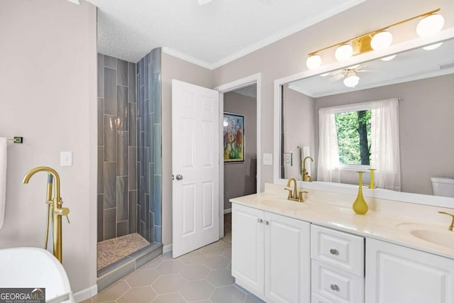 4027 Mount Vernon Dr, Woodstock, GA 30189 - bathroom featuring a ceiling fan, double vanity, ornamental molding, tiled shower, and tile patterned floors