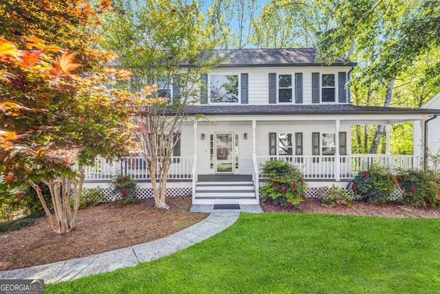 4027 Mount Vernon Dr, Woodstock, GA 30189 - country-style home featuring covered porch, a front yard, and a shingled roof