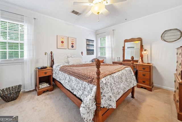 1482 Pinebark Ct, Grayson, GA 30017 - bedroom featuring light colored carpet, crown molding, baseboards, and a ceiling fan