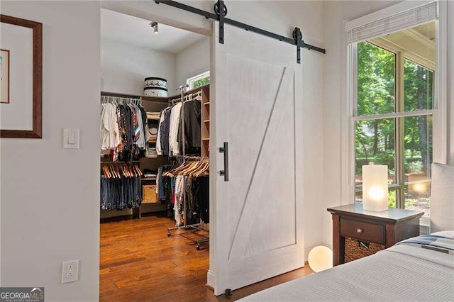bedroom with a barn door, wood finished floors, and a closet