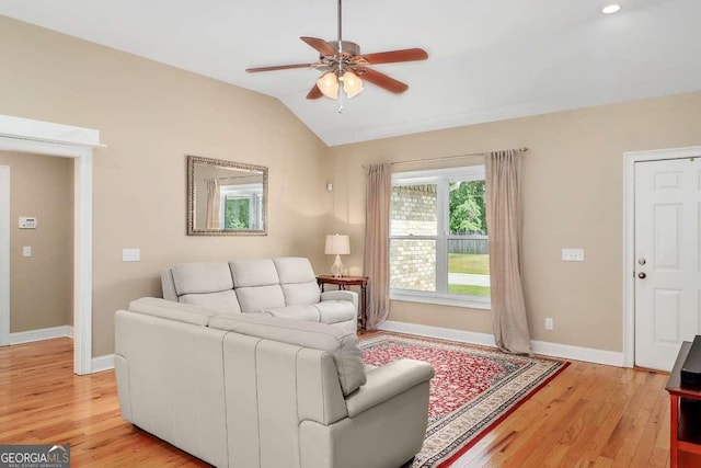 220 Candleberry Way, Guyton, GA 31312 - living area featuring a ceiling fan, light wood-style flooring, lofted ceiling, and baseboards