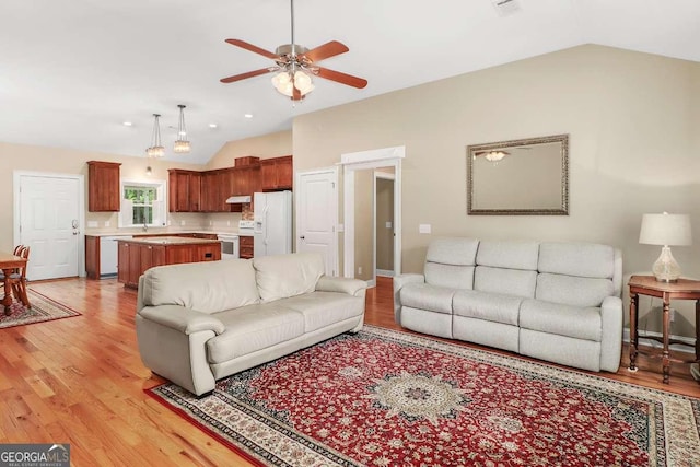 220 Candleberry Way, Guyton, GA 31312 - living area featuring vaulted ceiling, ceiling fan, light wood-style flooring, and recessed lighting