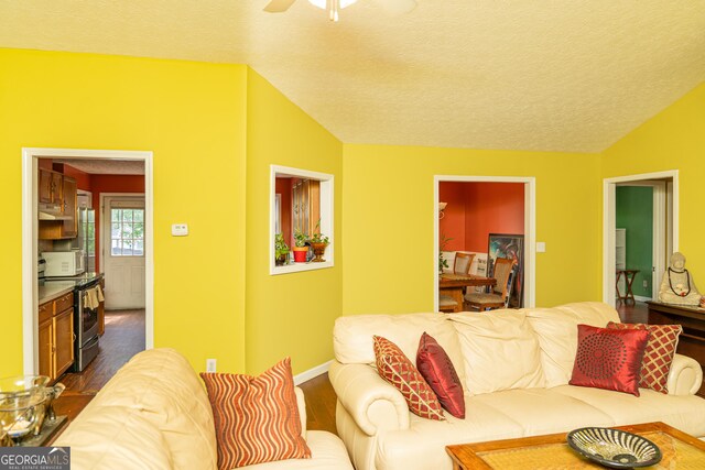 living area featuring dark wood finished floors, a textured ceiling, vaulted ceiling, and ceiling fan